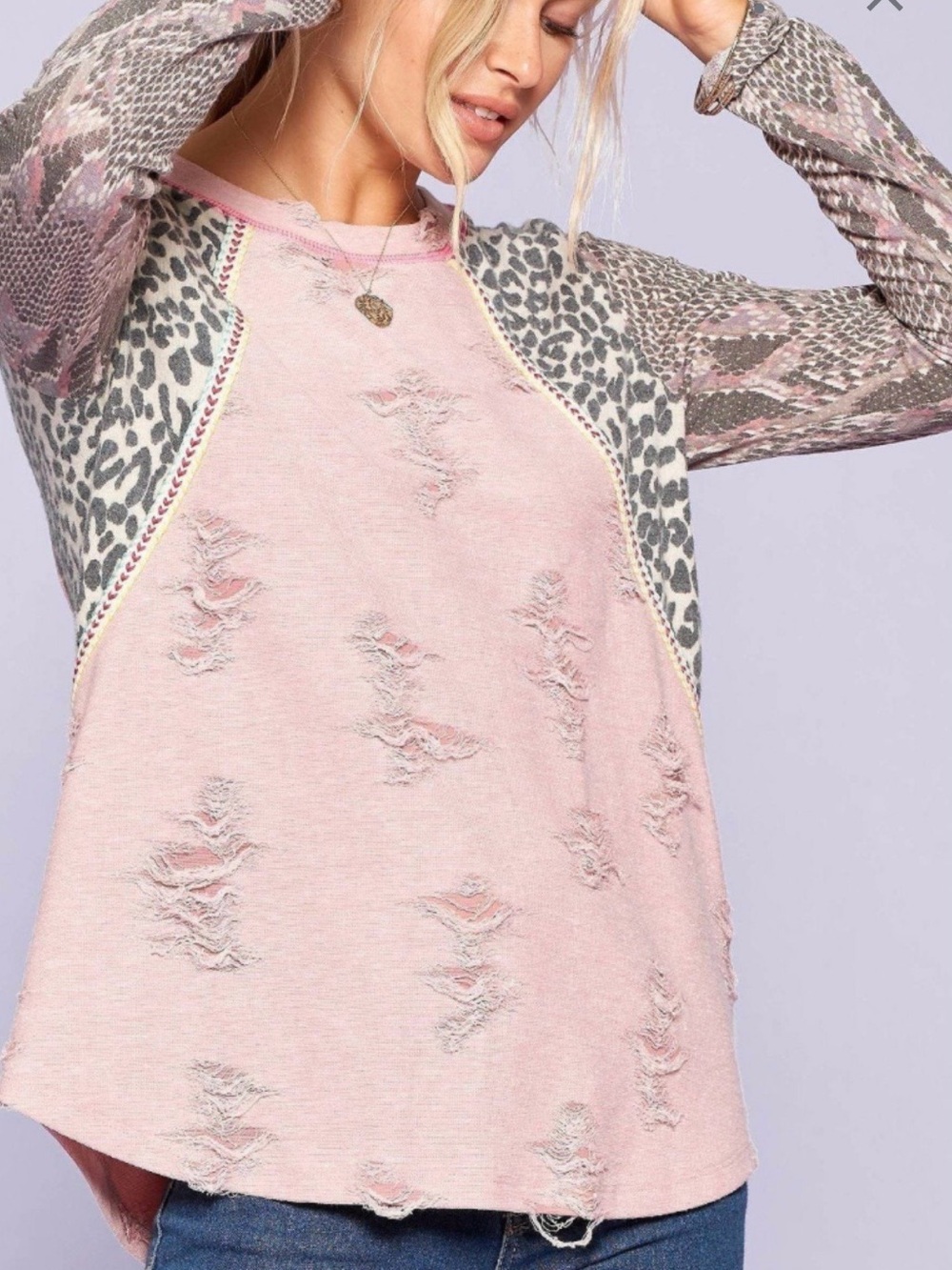 Boutique Long Sleeves distressed design mauve with leopard print sleeves women's